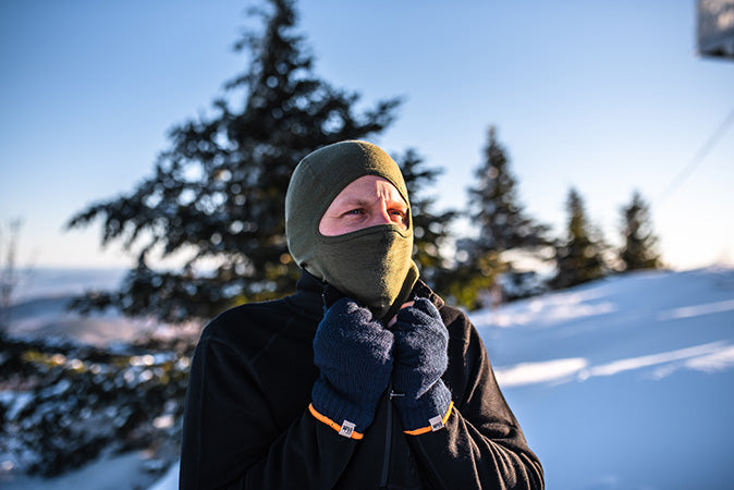 man wearing expedition Heavyweight Weight Headwear olive drab balaclava