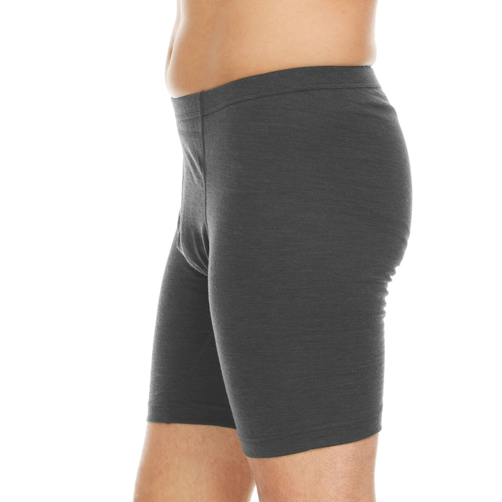 100% merino wool boxer briefs. Lightweight all season wool underwear, rear three-quarter close-up 