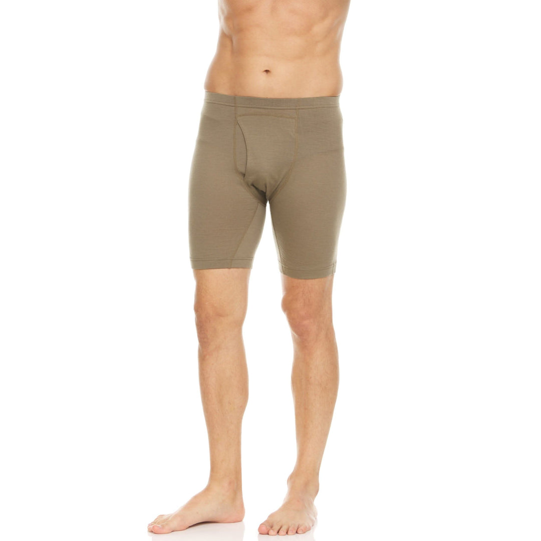 100% merino wool boxer briefs. Lightweight all season wool underwear, front view of the boxer briefs 
