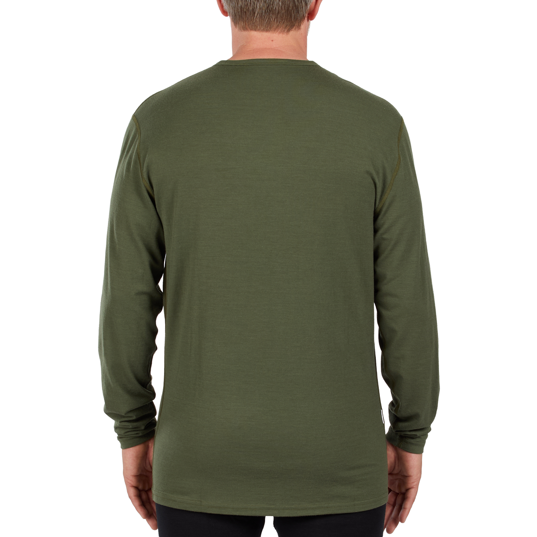 A man models the microweight long sleeved merino wool base layer crew neck top, back view 
