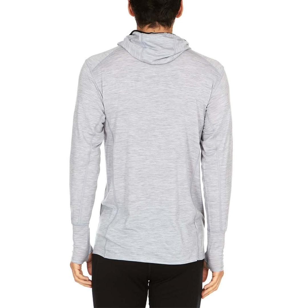 Back view of a male model wearing an ash gray microweight merino wool quarter-zip sun hoodie 