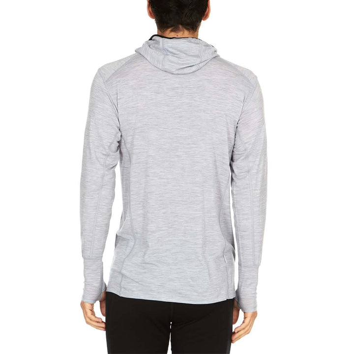 Back view of a male model wearing an ash gray microweight merino wool quarter-zip sun hoodie 