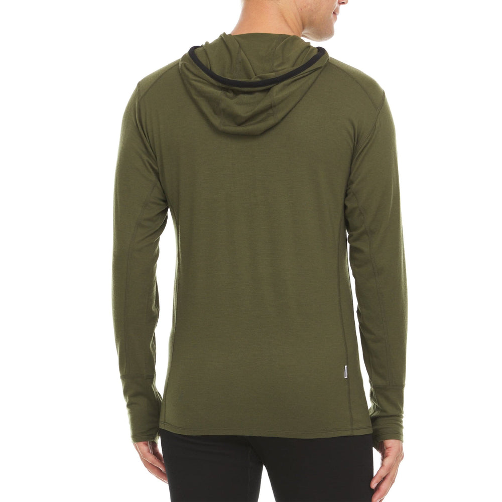 A man models the super light microweight merino wool quarter zip sun hoodie.  #color_olive-drab-green