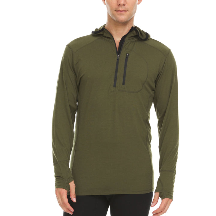 Front view of a male model wearing an olive drab green microweight merino wool quarter-zip sun hoodie 