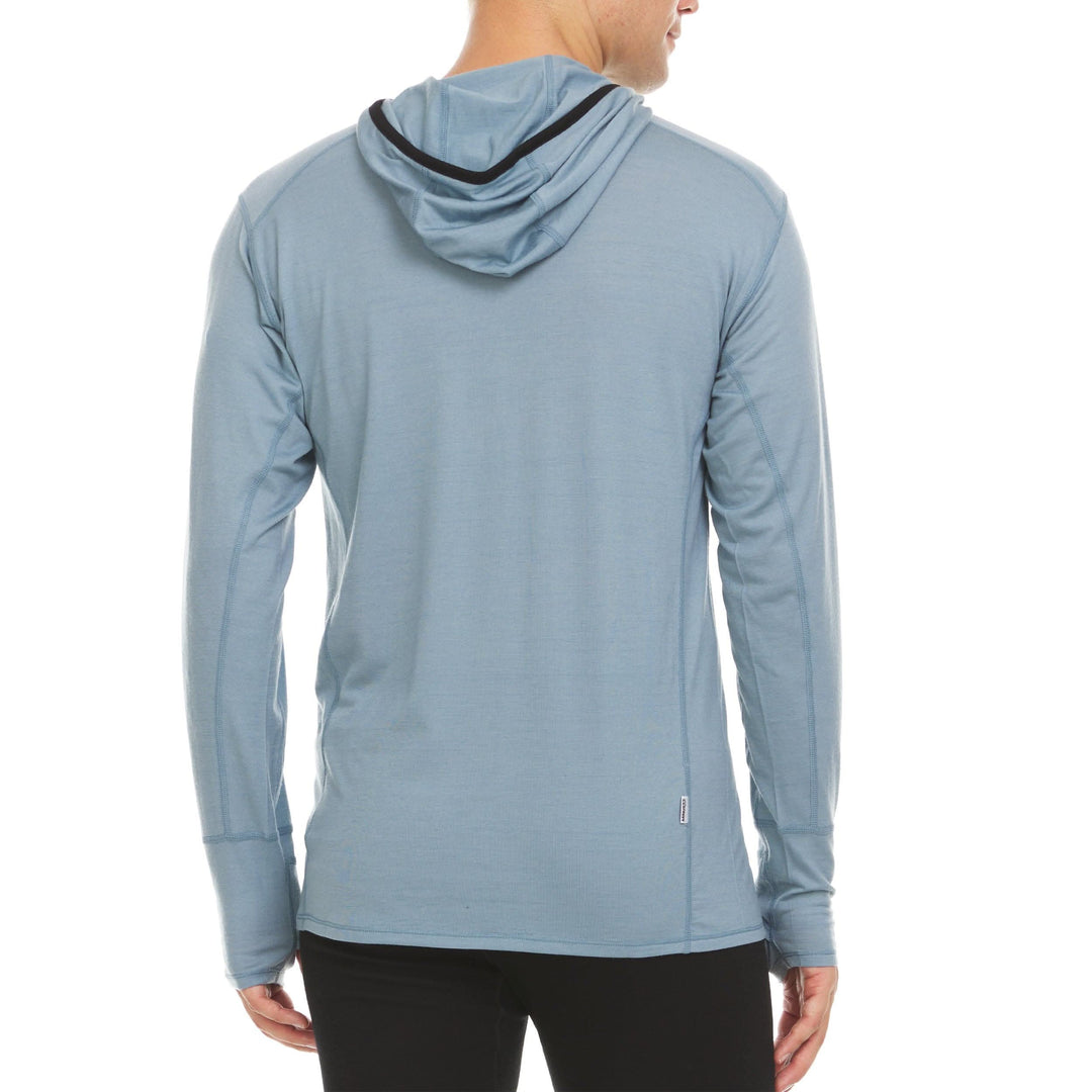 Back view of a slate-blue microweight merino wool quarter-zip hoodie