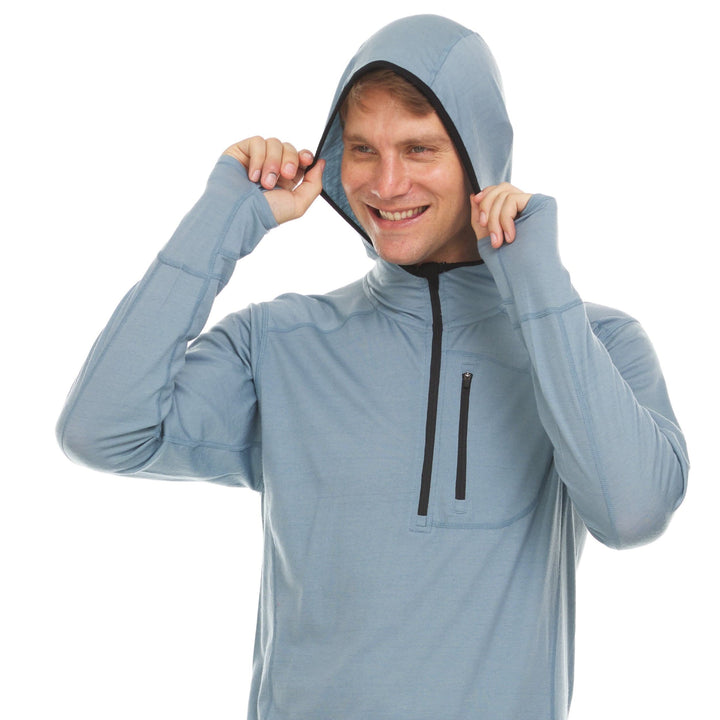 Hood detail view of a slate-blue microweight merino wool quarter-zip hoodie
