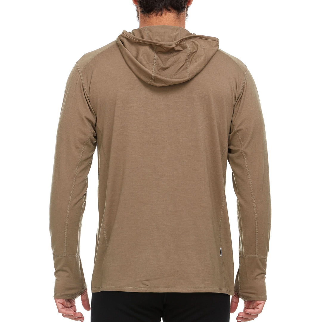 Back view of a male model wearing a tan microweight merino wool quarter-zip sun hoodie 
