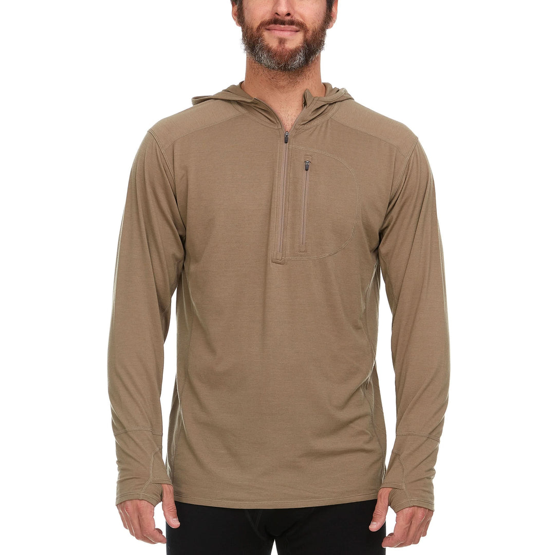 A man models the super light microweight merino wool quarter zip sun hoodie.  