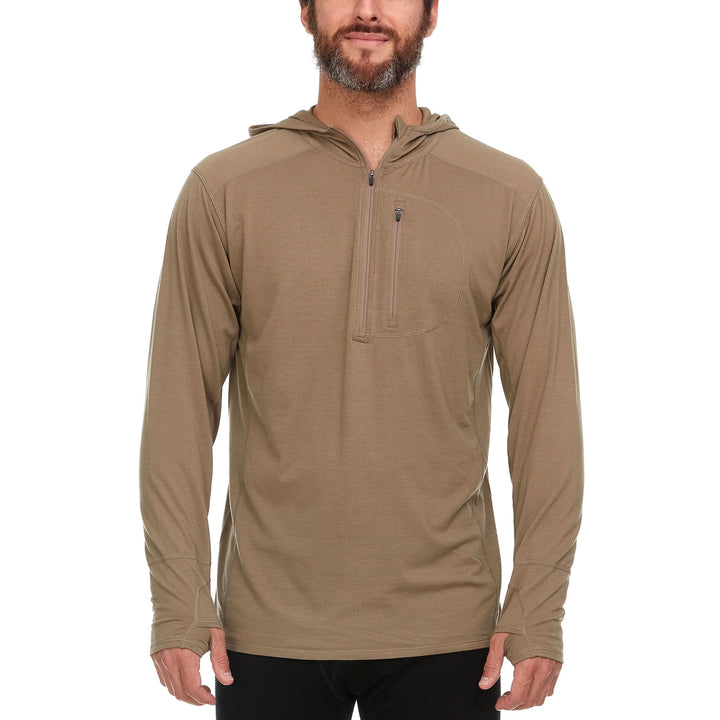 A man models the super light microweight merino wool quarter zip sun hoodie.  