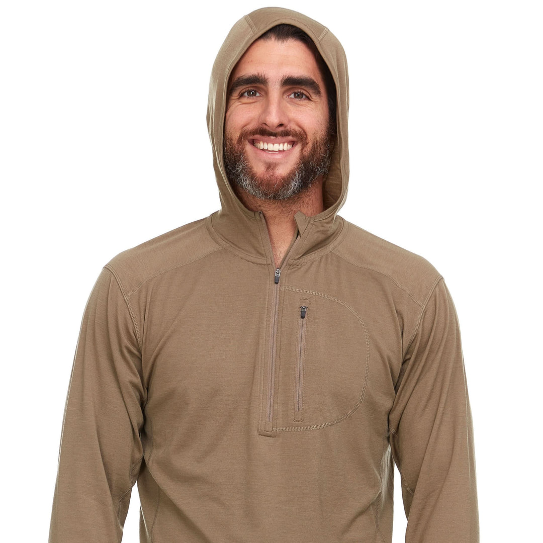 Front hood-up view of a male model wearing a tan microweight merino wool quarter-zip sun hoodie 
