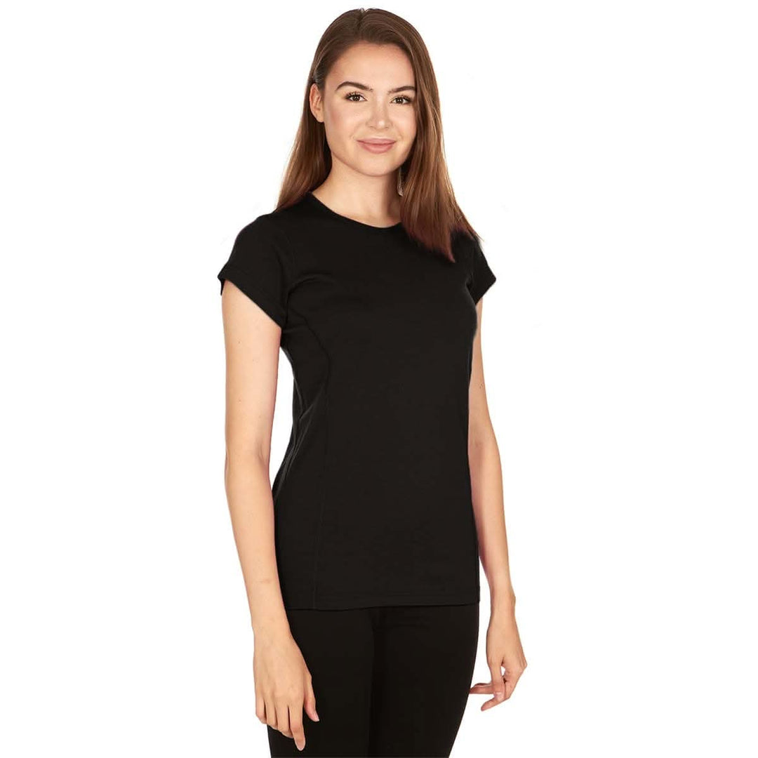Womens merino wool short sleeve shirt womens lightweight wool tshirt. Front view. #color_black