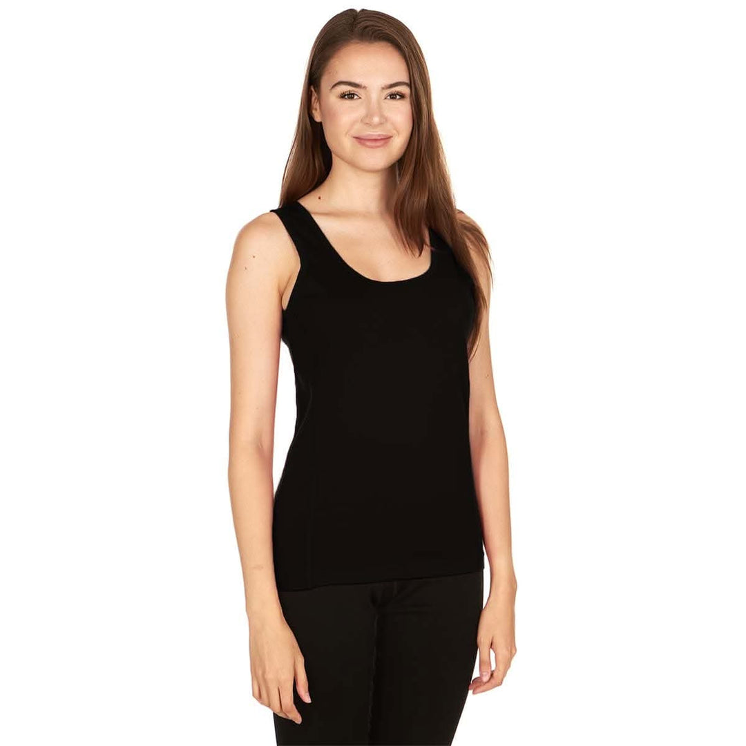 Women's lightweight wool tank top women's merino wool tank for summer. Front view. #color_black