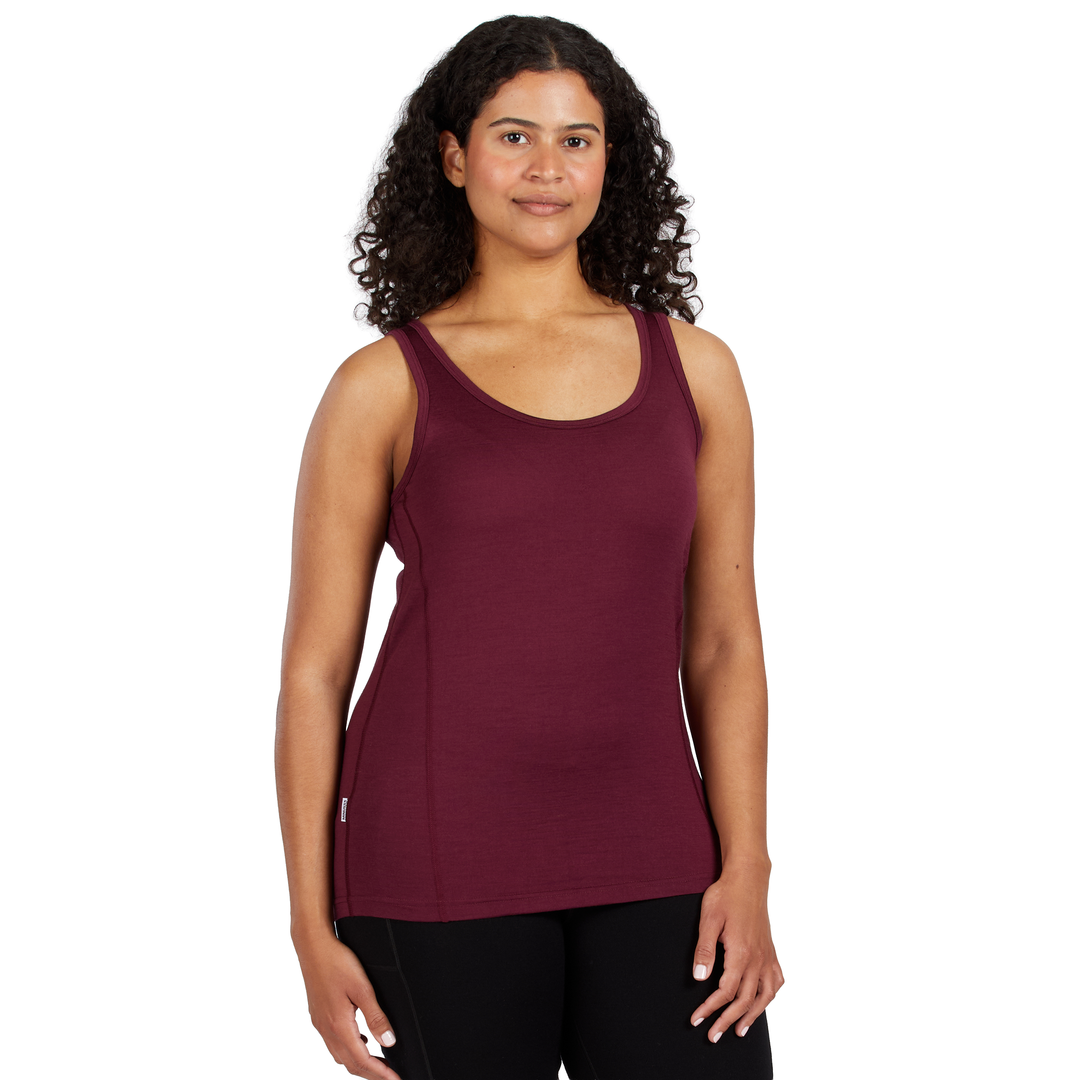 Women's lightweight wool tank top women's merino wool tank for summer. View 1. #color_burgundy