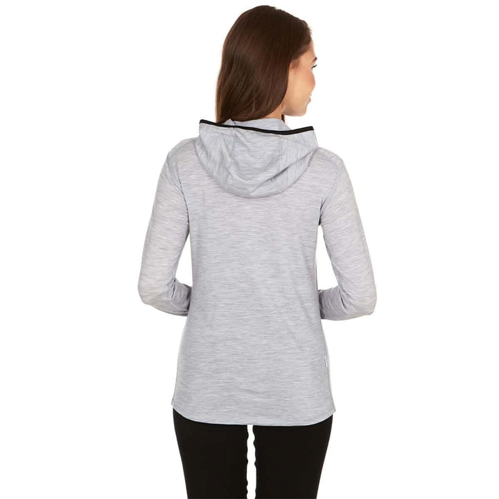 Womens super lightweight wool hoodie quarter zip merino wool outdoor top. Back view 2. 