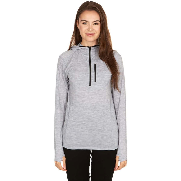 Womens super lightweight wool hoodie quarter zip merino wool outdoor top. Front view. 