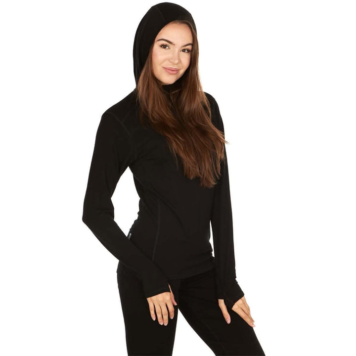 Womens super lightweight wool hoodie quarter zip merino wool outdoor top. Front view 2 2. 