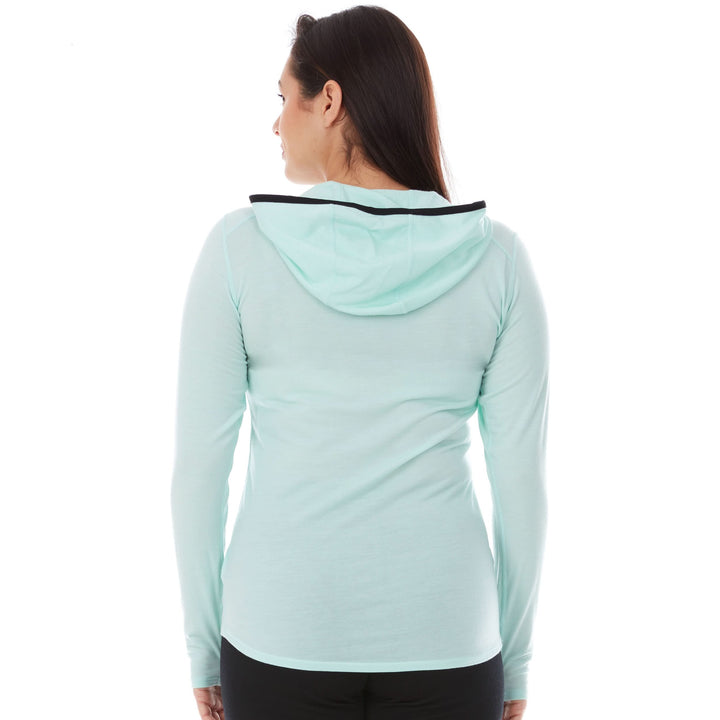 Womens super lightweight wool hoodie quarter zip merino wool outdoor top. Back view. 