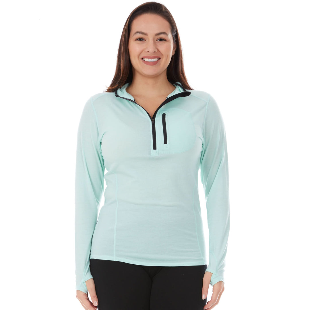 Womens super lightweight wool hoodie quarter zip merino wool outdoor top. Front view 2. 