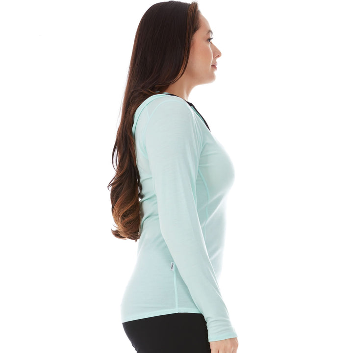 Womens super lightweight wool hoodie quarter zip merino wool outdoor top. Side view 2. 