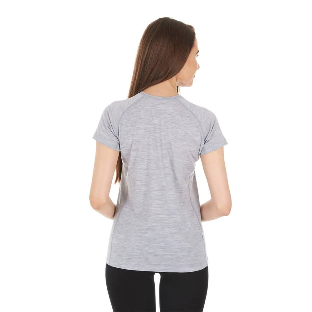 Women's super lightweight merino wool v-neck t-shirt women's wool shirts for summer. Back view. #color_ash-gray