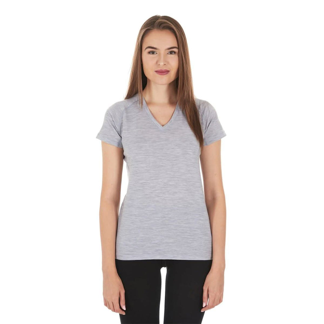 Women's super lightweight merino wool v-neck t-shirt women's wool shirts for summer. Front view. #color_ash-gray