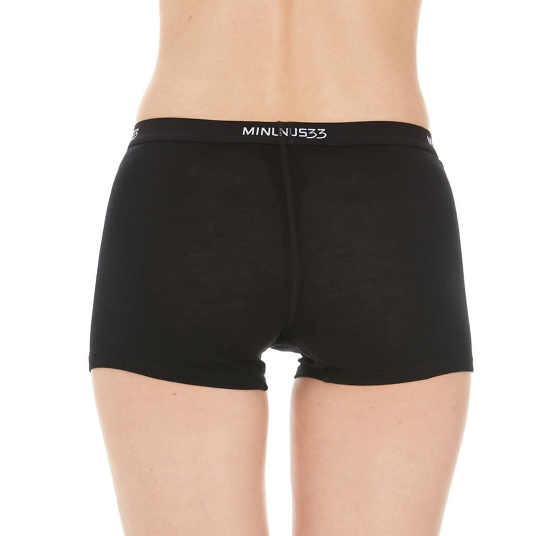 A woman models the microweight merino wool boyshorts. The boyshorts have a one inch inseam and a one inch woven sport elastic waistband. Back view 5. 