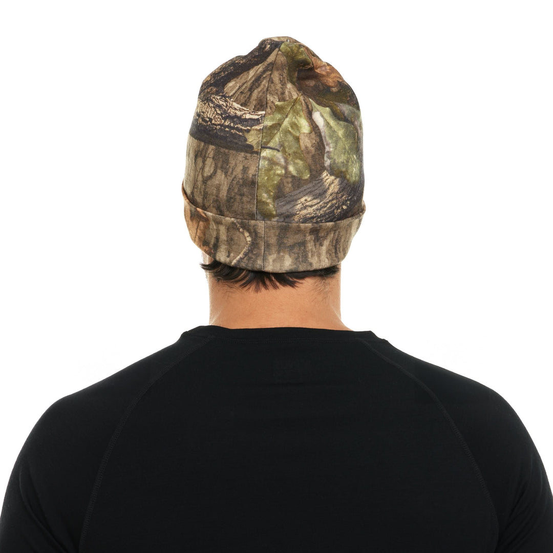 Camouflage merino wool beanie worn on a model, back view 