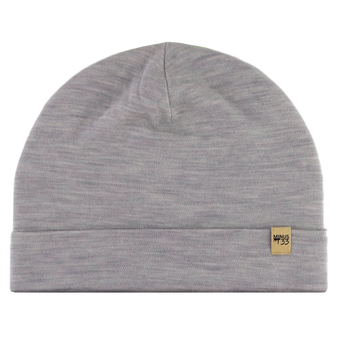 Ash gray merino wool cuffed beanie, flat-lay front view 