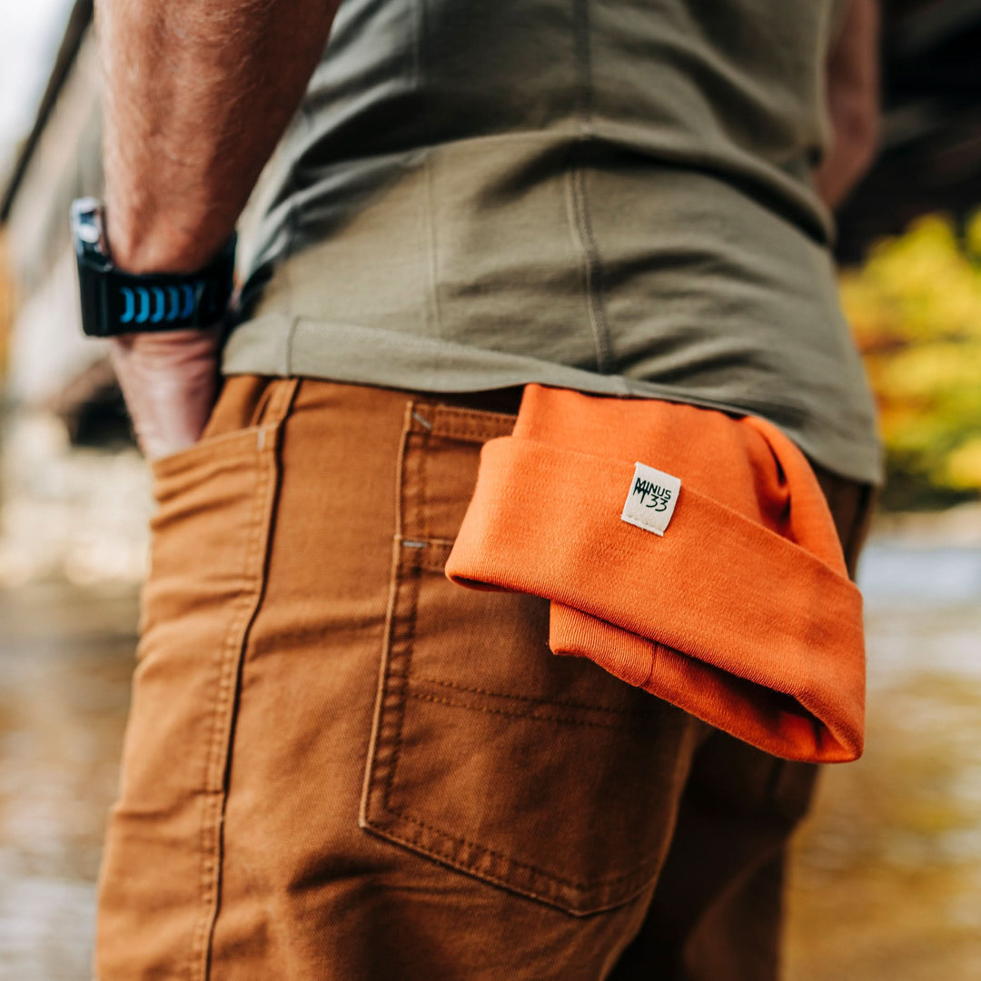 A back pocket holds the lightweight, double-layered, hundred percent, super soft merino wool beanie perfect for fall, winter, and spring. This hat is perfect for a hike up the mountain or a walk around the block!
