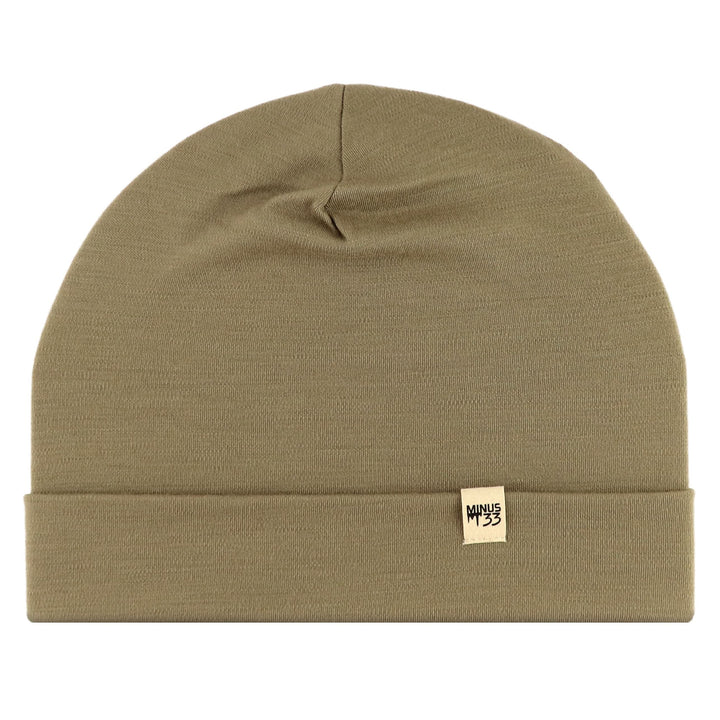 Tan merino wool cuffed beanie, flat-lay front view 