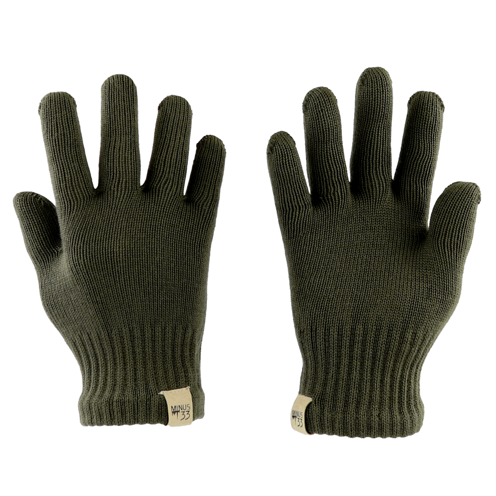 Olive drab merino wool full-finger gloves, front and back flat lay #color_olive-drab-green
