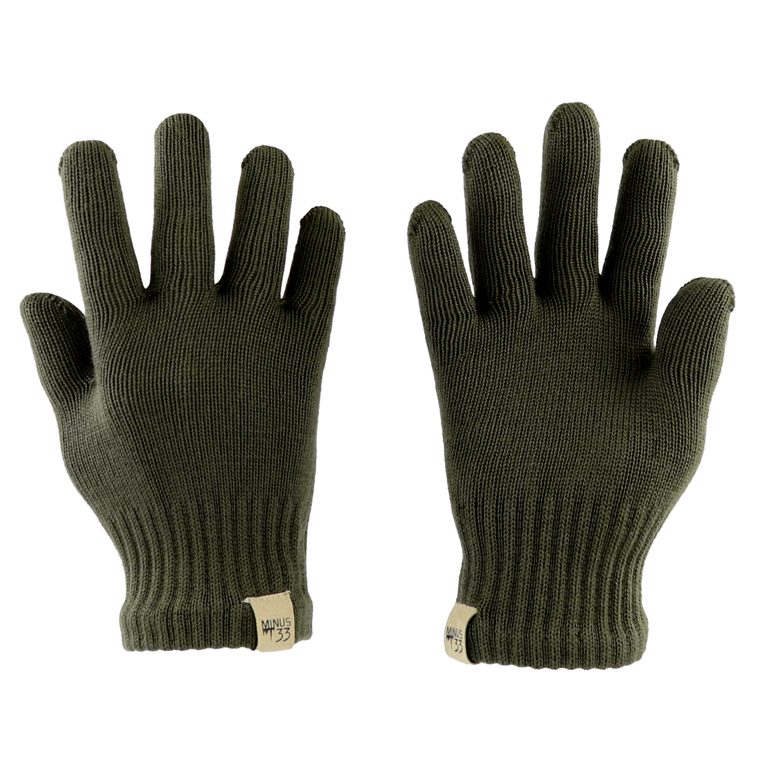 Olive drab merino wool full-finger gloves, front and back flat lay 