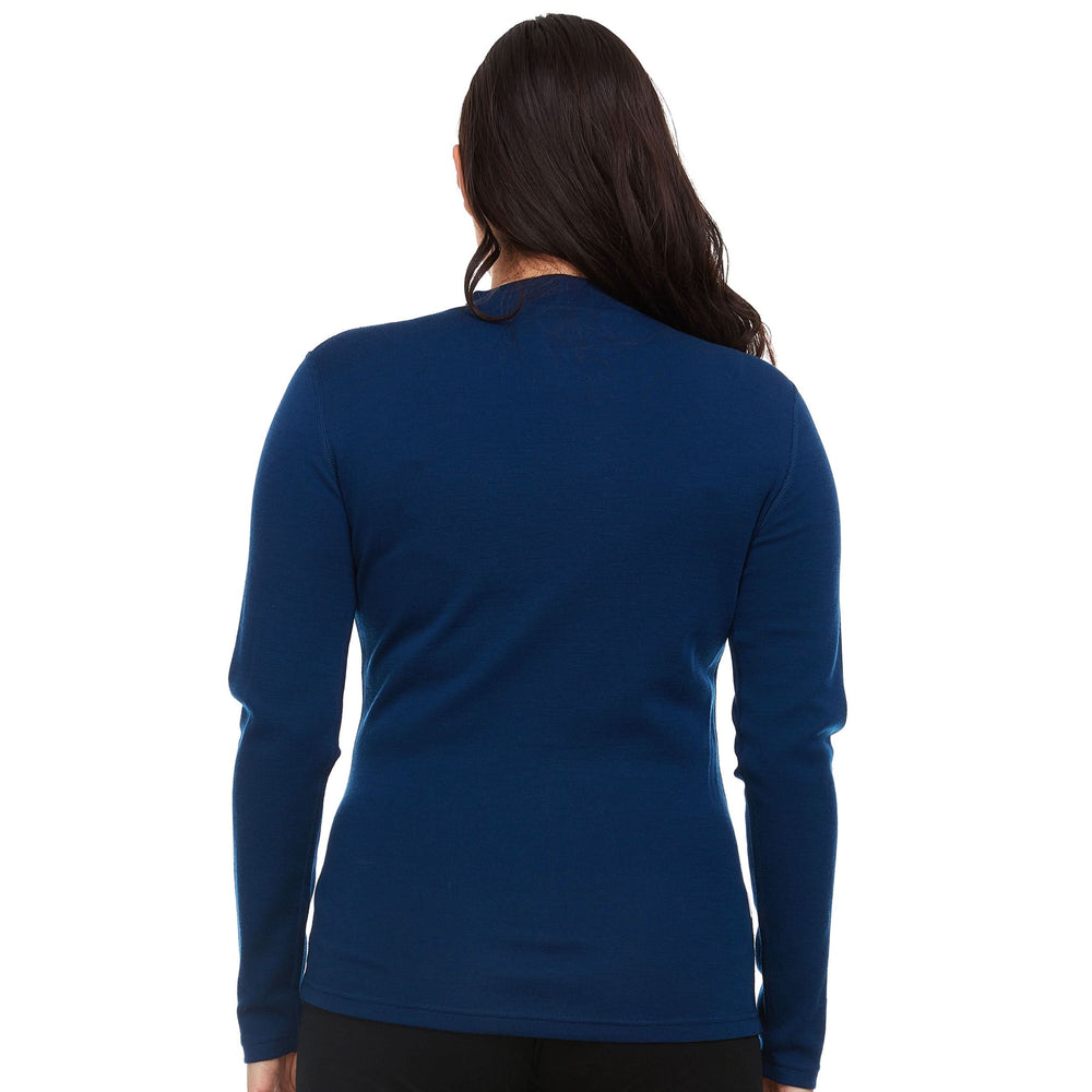 Women's mock neck women's merino wool mock neck soft wool mock neck sweater. Back view. #color_navy