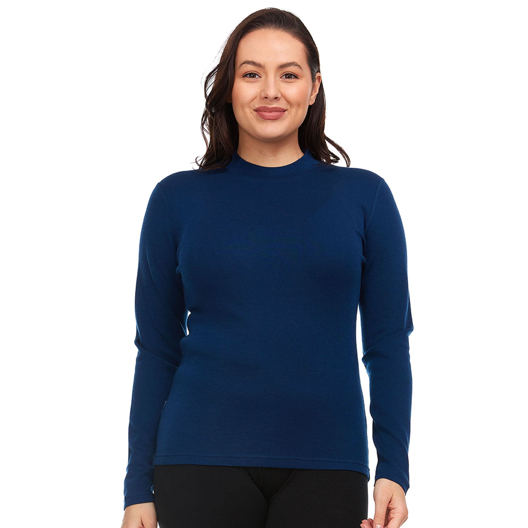 Women's mock neck women's merino wool mock neck soft wool mock neck sweater. Front view. #color_navy