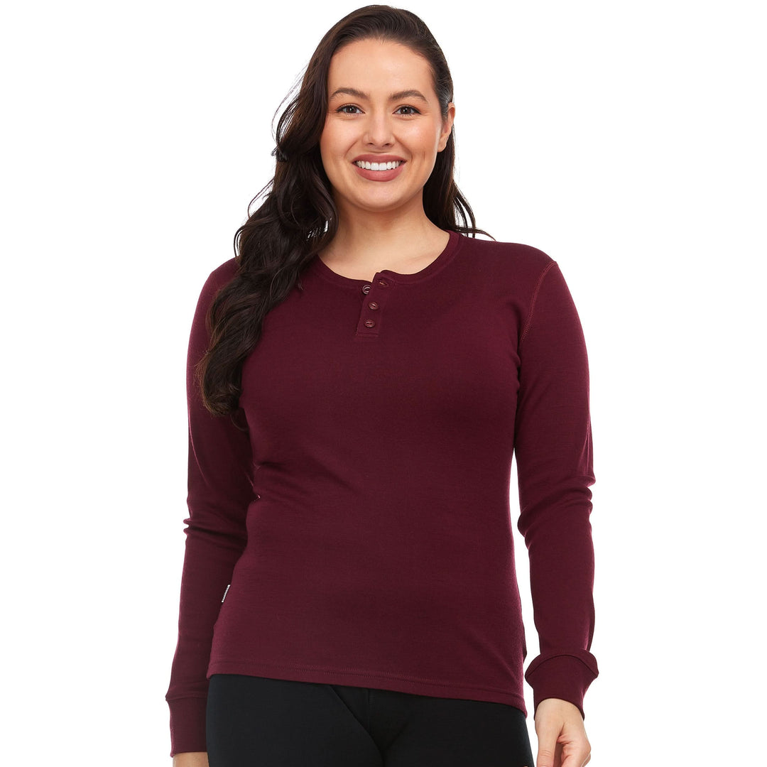 Women's wool long sleeve shirt women's merino wool henley longsleeve tee. Front view. #color_burgundy