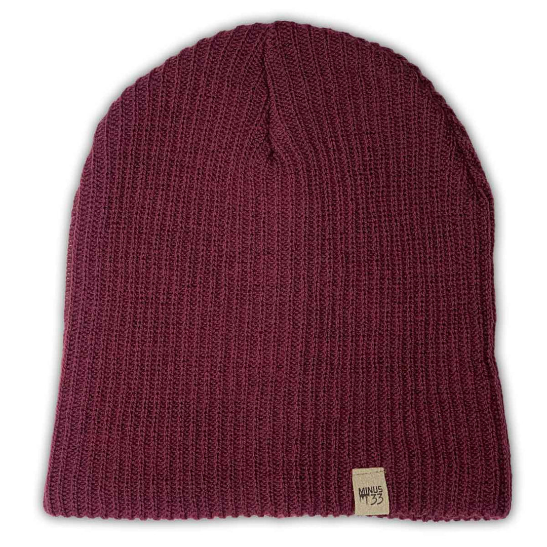 Merino wool product, burgundy beanie flat-lay view 