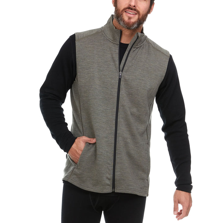 Front three-quarter view of a graphite gray heavyweight merino wool full-zip vest 