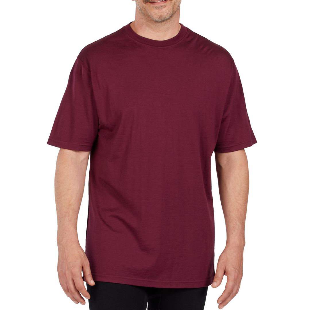 Man wearing a burgundy merino T-shirt, front view #color_burgundy