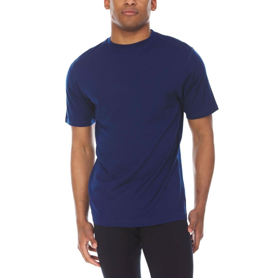 A man models a super soft, short sleeved merino wool t shirt. Use it as a base layer under your work shirt, or wear it all by itself during your next summer summit, front three-quarter view 