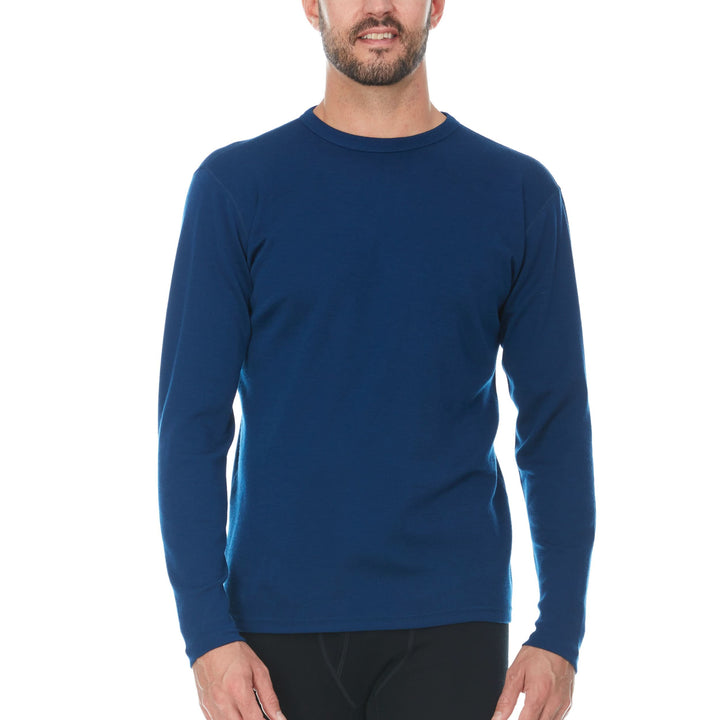 Front view of a navy midweight merino wool base-layer crew top