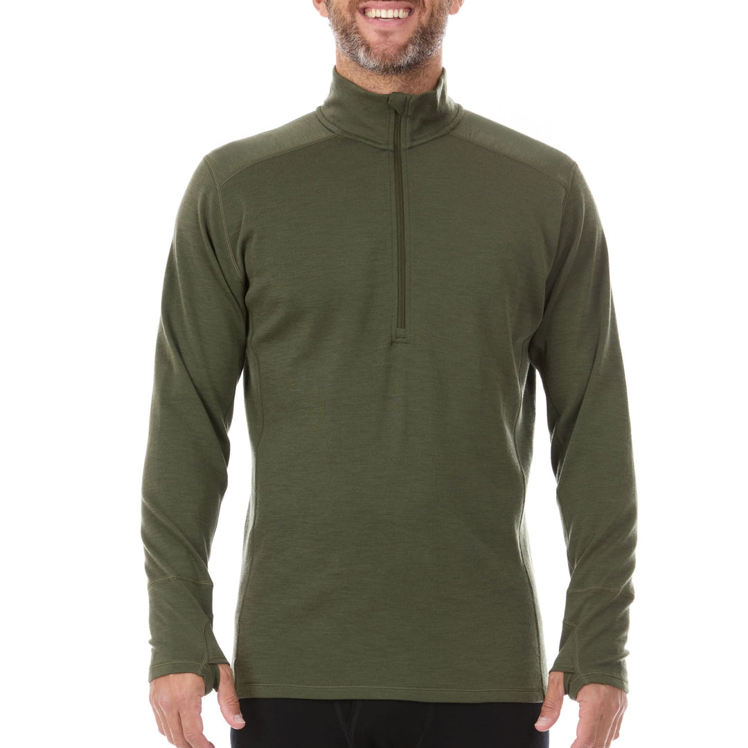 A man models the merino wool midweight quarter zip sweater, complete with flat-lock seams and thumbholes, front view 