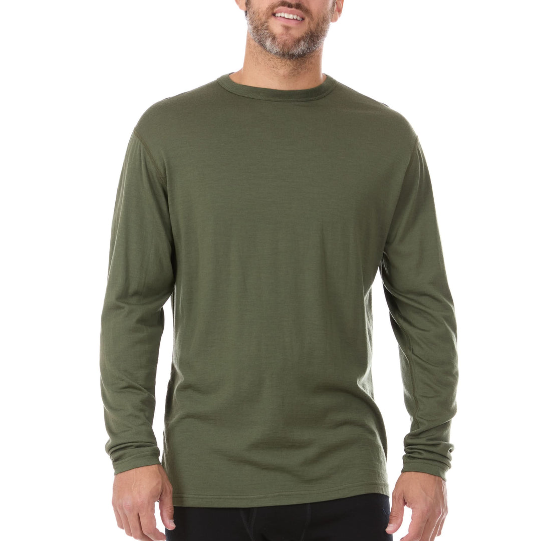 Front view of a man modeling the lightweight long sleeved merino wool base layer crew neck top #color_olive-drab-green