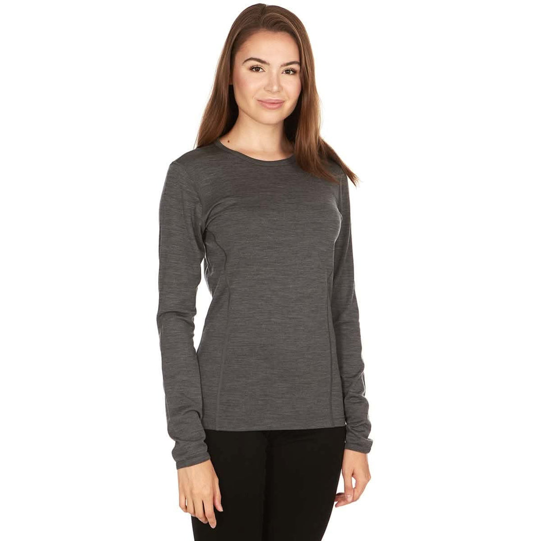 Women's lightweight long sleeve merino wool shirt women's wool base layer top lightweight merino wool crew top. Alternate view. #color_charcoal-gray