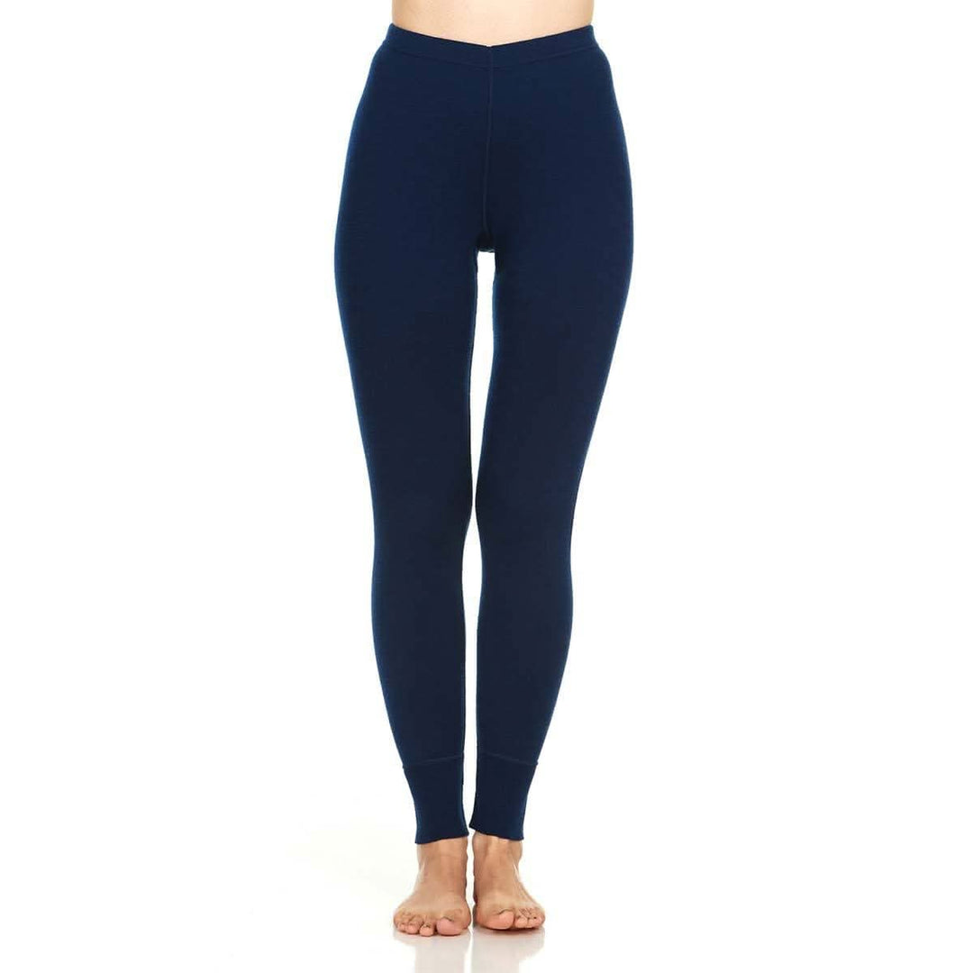 A pair of one hundred percent merino wool midweight women's base layer bottoms. These bottoms feature a gusset between the legs for improved range of motion, and cuffs around the ankles for comfort and style. Front view. #color_navy