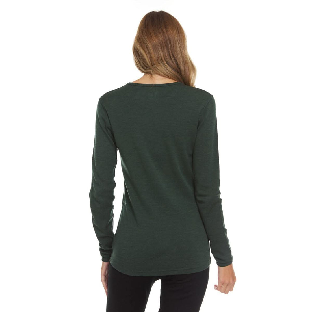 Back view of a female model wearing a forest green midweight 100% merino wool base-layer crew top with a fitted princess-cut silhouette 