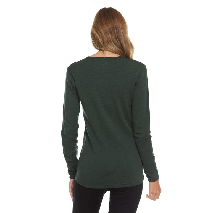 Back view of a female model wearing a forest green midweight 100% merino wool base-layer crew top with a fitted princess-cut silhouette 