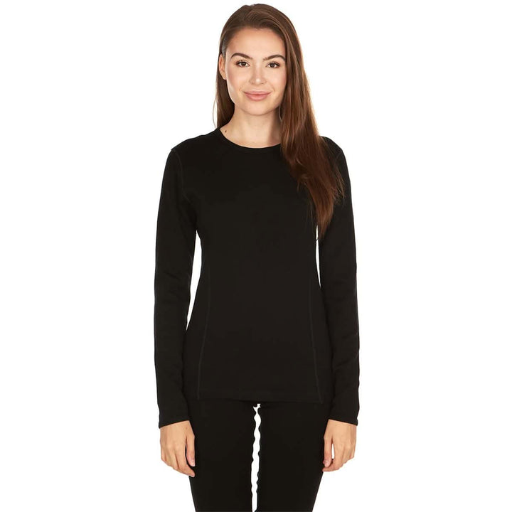 A woman models the one hundred percent merino wool heavyweight women&