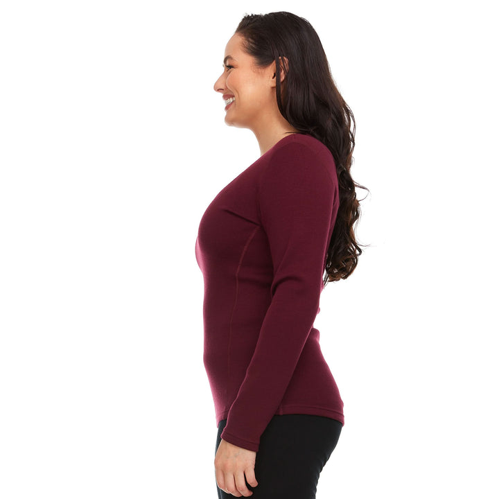 A woman models the one hundred percent merino wool heavyweight women&