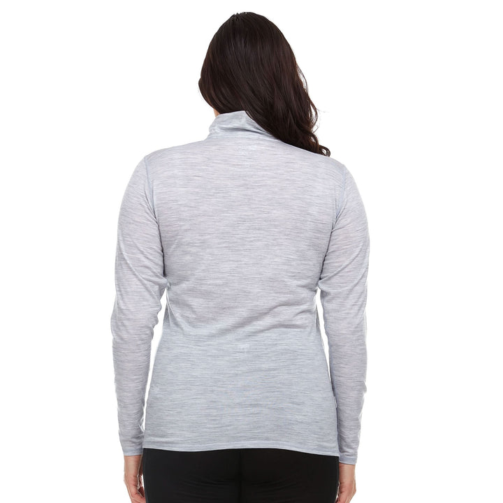 Womens wool quarter zip merino wool 1/4 zip for summer super lightweight wool sweater. Back view. 