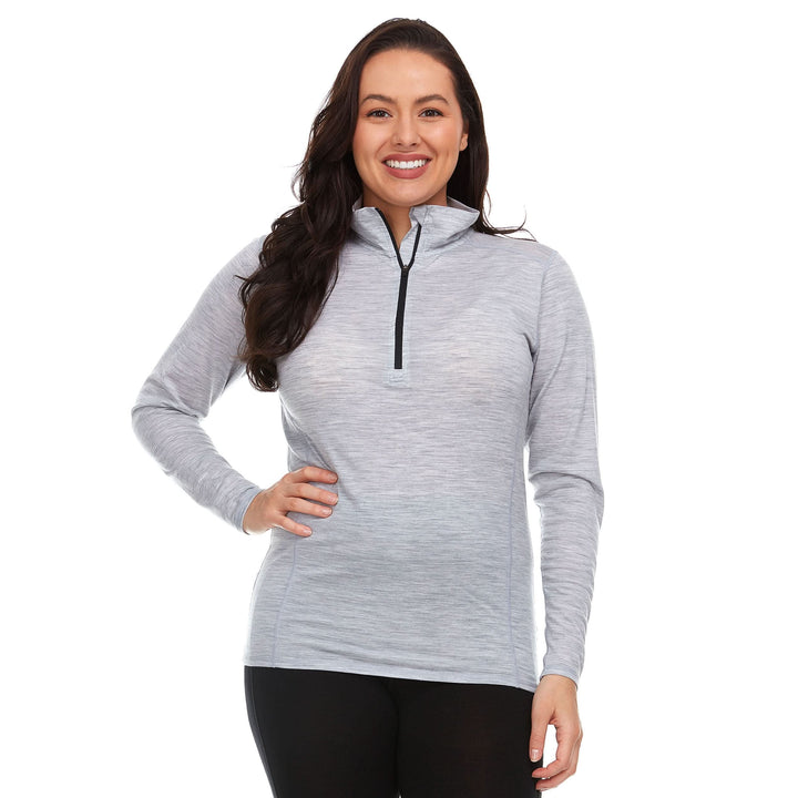 Womens wool quarter zip merino wool 1/4 zip for summer super lightweight wool sweater. Front view. 